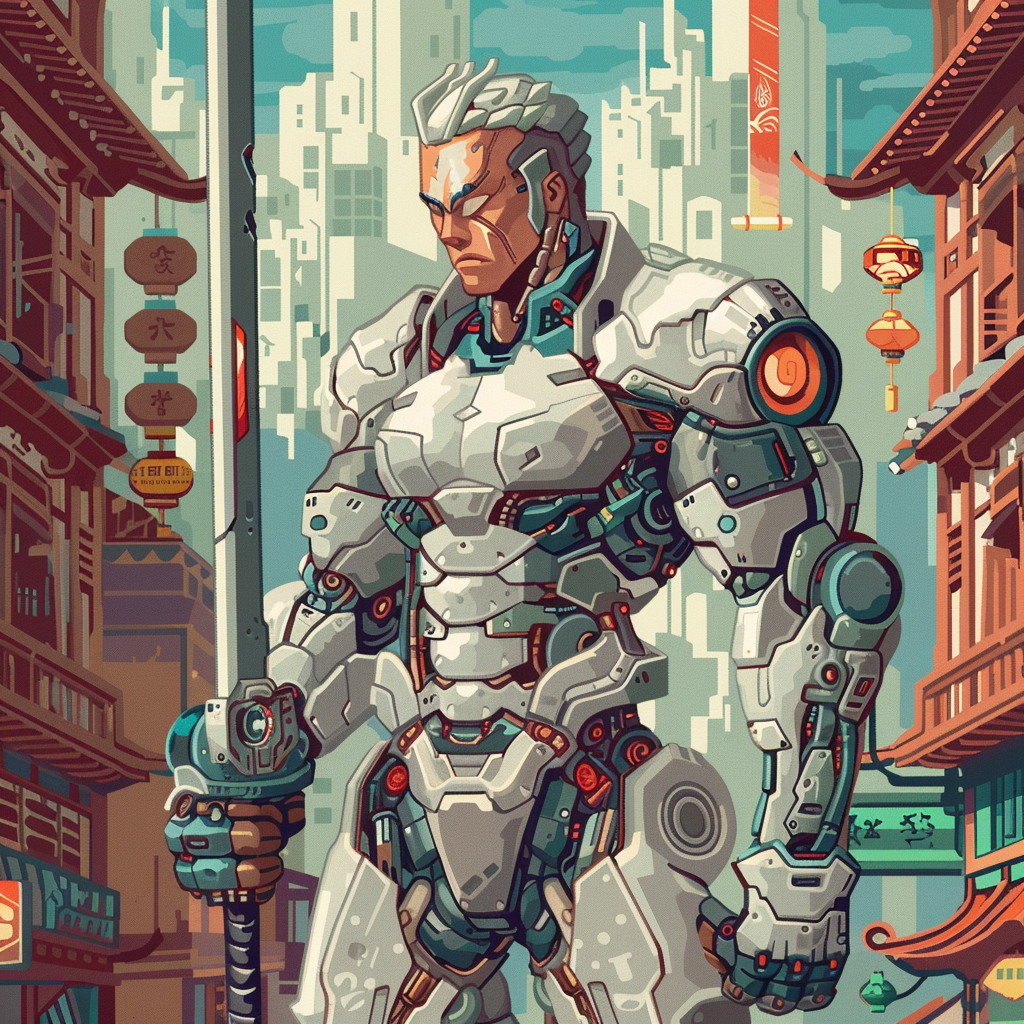 A cartoon style drawing of a half human, half cyborg man holding a sword in his right hand